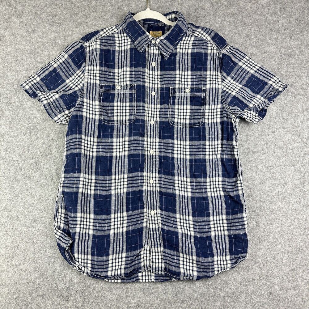 TreVero Shirt Mens Large Blue White Plaid Linen Short Sleeve Button Up Casual